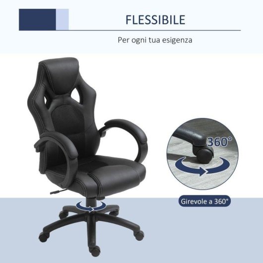 Sedia Gaming Aosom regolabile con funzione dondolo e ruote nera