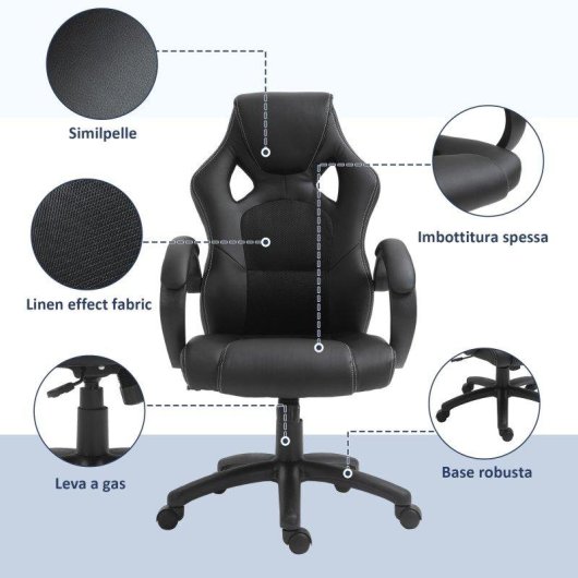 Sedia Gaming Aosom regolabile con funzione dondolo e ruote nera