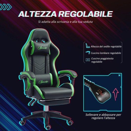 Sedia Gaming Aosom Altezza Regolabile Schienale Reclinabile 65x65x121-129 cm