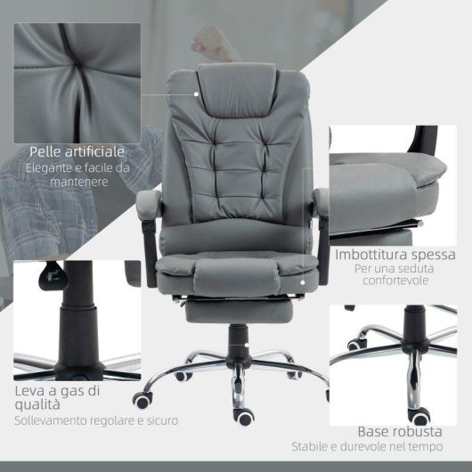 Sedia Da Ufficio Ergonomica Aosom 145 deg Poggiapiedi Grigio