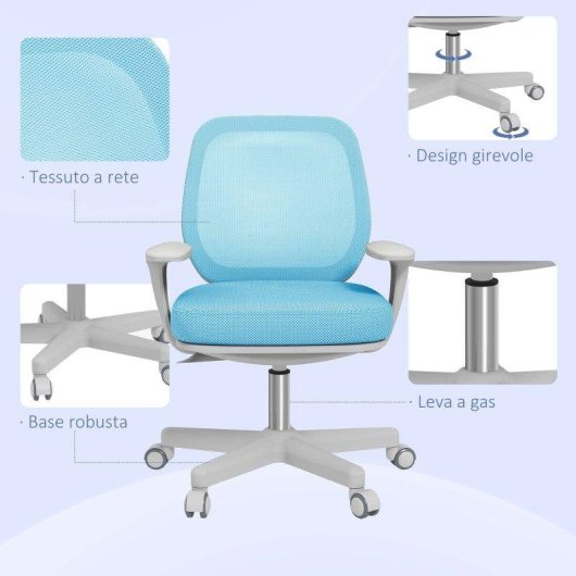 Sedia Da Ufficio Ergonomica Aosom Azzurra Altezza Regolabile 5 Ruote