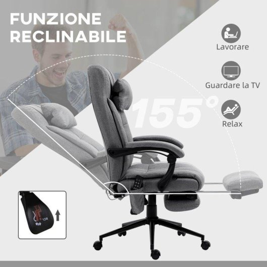 Sedia Da Ufficio Massaggiante Reclinabile Aosom 6 Punti 5 Modalita Grigio