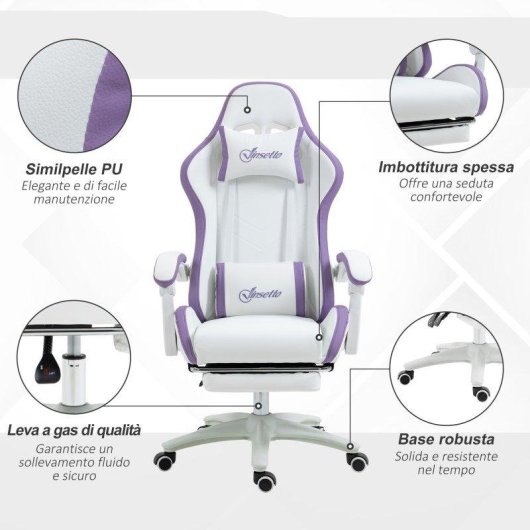 Sedia Gaming Aosom con altezza regolabile e schienale reclinabile bianco viola