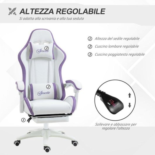Sedia Gaming Aosom con altezza regolabile e schienale reclinabile bianco viola