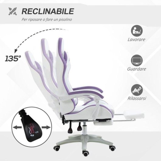 Sedia Gaming Aosom con altezza regolabile e schienale reclinabile bianco viola