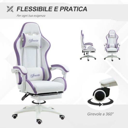 Sedia Gaming Aosom con altezza regolabile e schienale reclinabile bianco viola