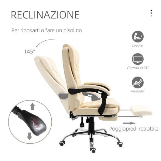 Poltrona Presidenziale Similpelle Bianca 145 deg Aosom