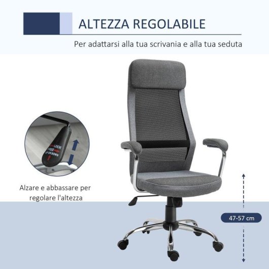 Sedia da Ufficio Ergonomica Aosom 65x67x119-129 cm Grigio