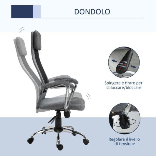 Sedia da Ufficio Ergonomica Aosom 65x67x119-129 cm Grigio
