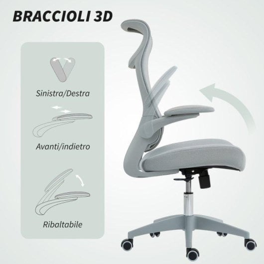 Sedia Da Ufficio Ergonomica Aosom Braccioli 3D Retic Back Grigio