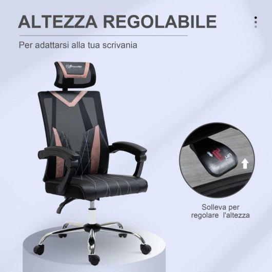 Sedia da Ufficio Ergonomica Aosom 58x62.5x112-120cm Rosa