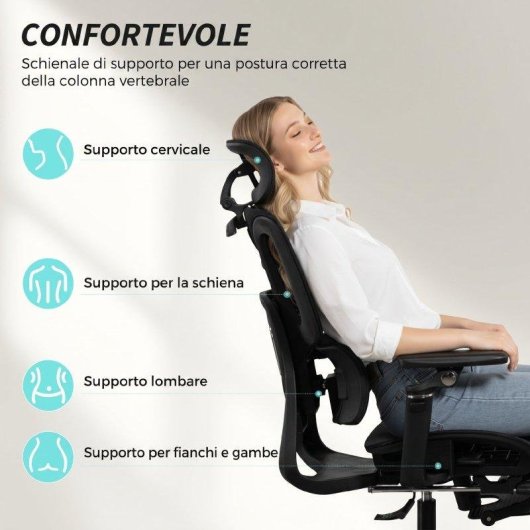 Sedia da ufficio Aosom ergonomica nera con poggiatesta regolabile