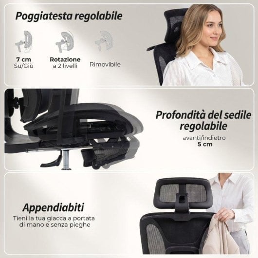 Sedia da ufficio Aosom ergonomica nera con poggiatesta regolabile