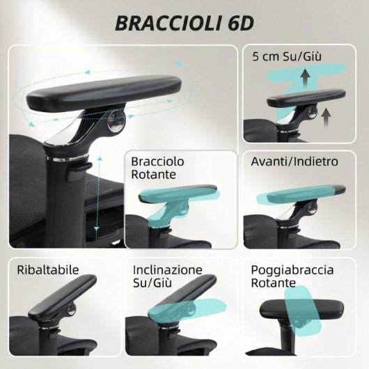 Sedia da ufficio Aosom ergonomica nera con poggiatesta regolabile