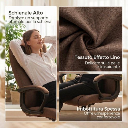Sedia Da Ufficio Ergonomica Aosom Reclinabile Tessuto Lin Marrone
