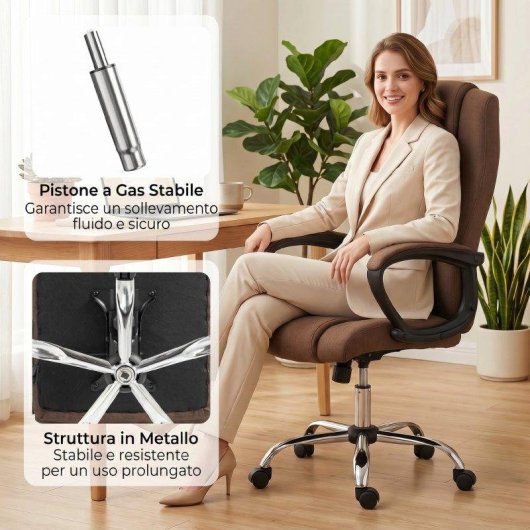 Sedia Da Ufficio Ergonomica Aosom Reclinabile Tessuto Lin Marrone