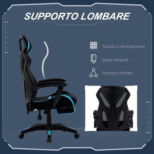 Sedia da Gaming Aosom con Supporto Lombare Tessuto Nero Blu