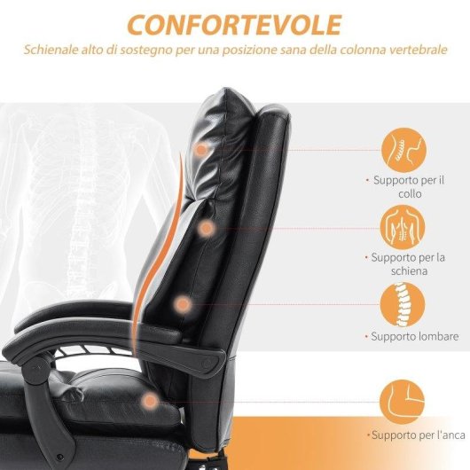 Sedia da scrivania Aosom regolabile reclinabile fino a 135° pelle PU nera