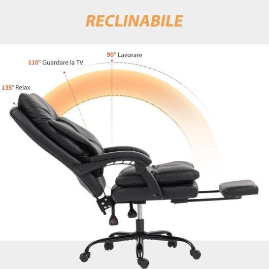 Sedia da scrivania Aosom regolabile reclinabile fino a 135° pelle PU nera