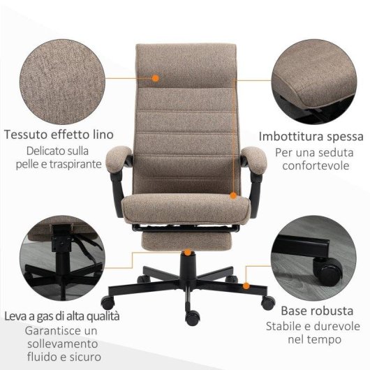 Sedia da Ufficio Aosom Altezza Regolabile Poggiapiedi Imbottita 68x67x109-119 cm Marrone