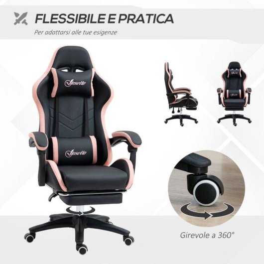 Sedia da gaming Aosom altezza regolabile poggiatesta 65x65x121-129 cm