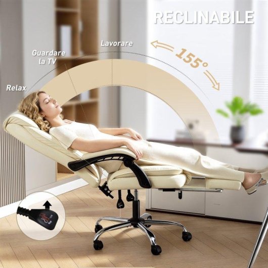 Sedia da ufficio Aosom reclinabile 155° con poggiapiedi beige