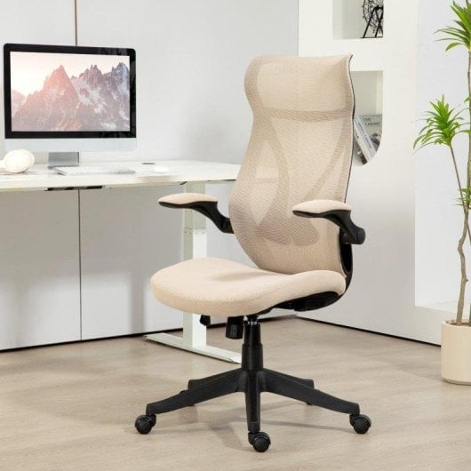 Sedia Da Ufficio Aosom Beige Braccioli Ribaltabili