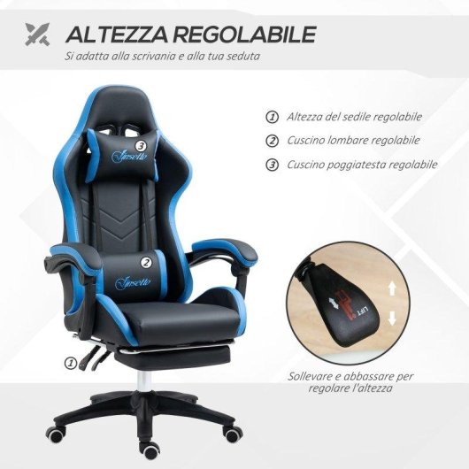 Sedia Gaming Aosom con altezza regolabile e schienale reclinabile blu nero