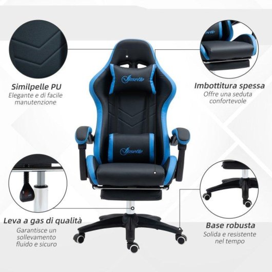 Sedia Gaming Aosom con altezza regolabile e schienale reclinabile blu nero