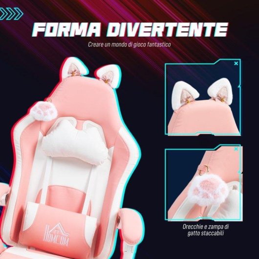 Sedia da Gaming Ergonomica Aosom Orecchie Gatto Rosa