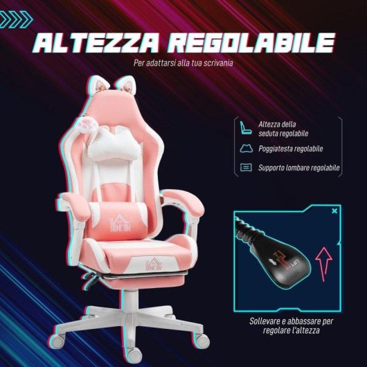 Sedia da Gaming Ergonomica Aosom Orecchie Gatto Rosa