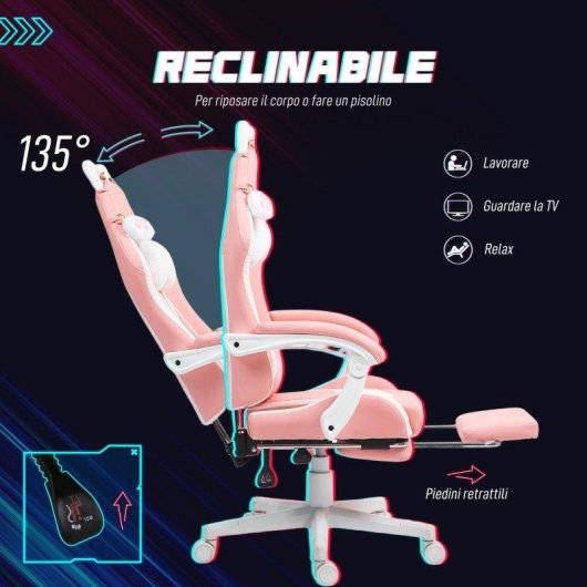 Sedia da Gaming Ergonomica Aosom Orecchie Gatto Rosa