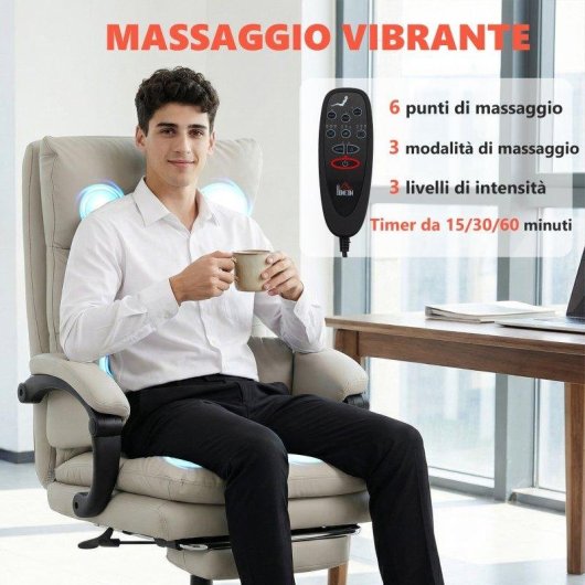 Sedia da Ufficio Massaggiante e Riscaldata Aosom Reclinabile 135° PU Grigio Chiaro