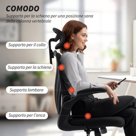 Sedia da ufficio ergonomica Aosom con braccioli ribaltabili, nero