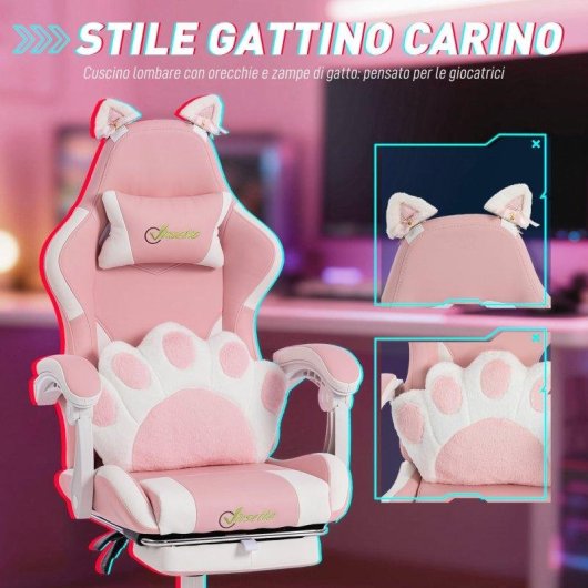Sedia Gaming Aosom Rosa Ergonomica Reclinabile