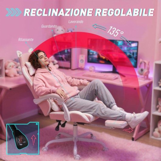 Sedia Gaming Aosom Rosa Ergonomica Reclinabile