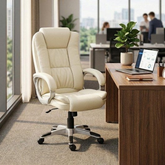 Sedia Da Ufficio Girevole in PU Beige Dondolo Altezza Regolabile