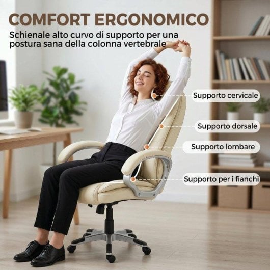 Sedia Da Ufficio Girevole in PU Beige Dondolo Altezza Regolabile