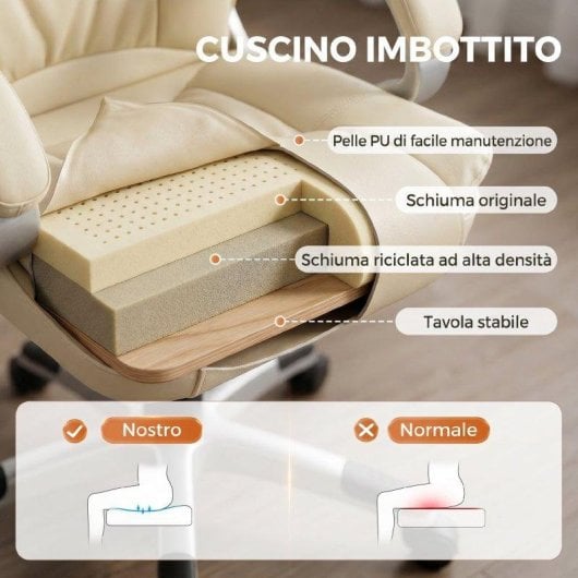 Sedia Da Ufficio Girevole in PU Beige Dondolo Altezza Regolabile