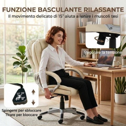 Sedia Da Ufficio Girevole in PU Beige Dondolo Altezza Regolabile