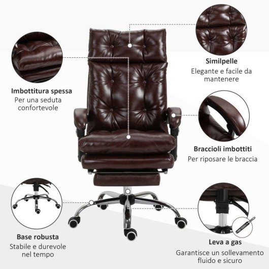 Poltrona Ufficio Aosom Pelle PU Marrone 135° Reclinabile