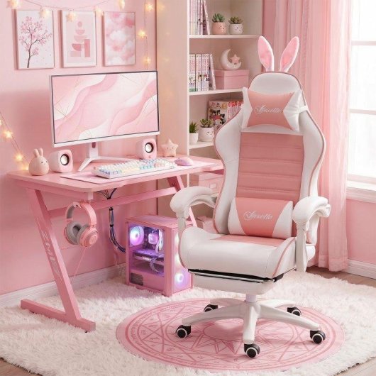 Sedia Gaming Aosom Orecchie Rosa con Poggiapiedi