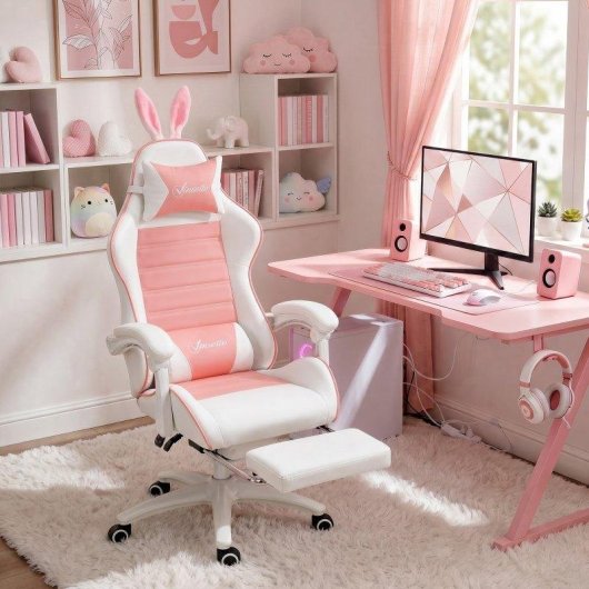 Sedia Gaming Aosom Orecchie Rosa con Poggiapiedi