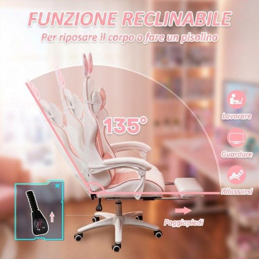 Sedia Gaming Aosom Orecchie Rosa con Poggiapiedi