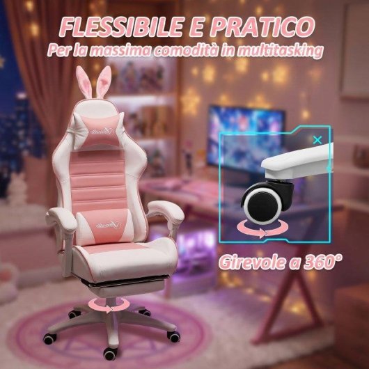 Sedia Gaming Aosom Orecchie Rosa con Poggiapiedi