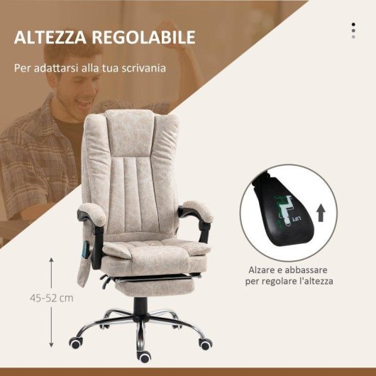 Sedia da ufficio massaggiante e riscaldante con poggiapiedi Microfibra crema