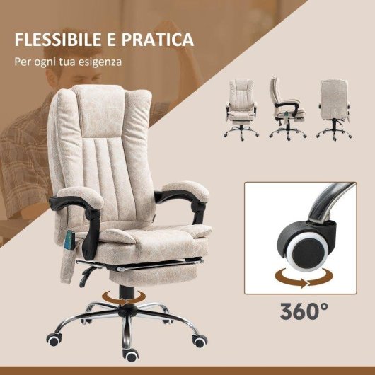 Sedia da ufficio massaggiante e riscaldante con poggiapiedi Microfibra crema