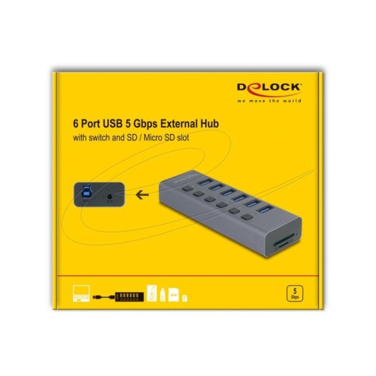 Hub Delock 6 ports 5000 Mbit/s modèle 64237 avec lecteur cartes