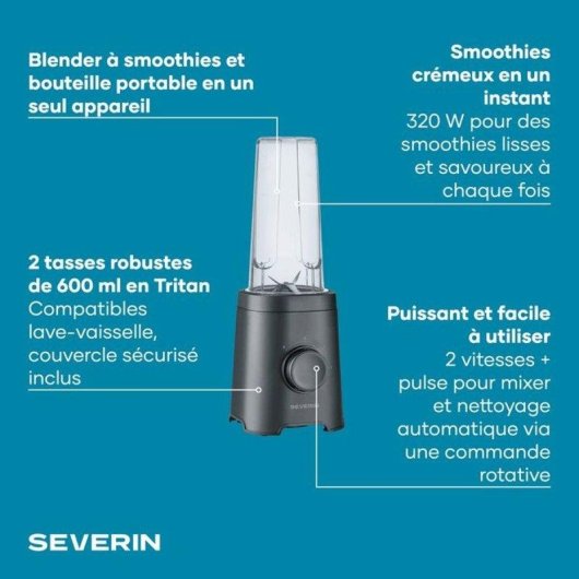 Mixeur Severin SM 3743 Portable 320 W Noir 2 Vitesses Pulse 2 Bouteilles 600 ml
