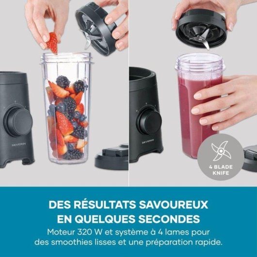 Mixeur Severin SM 3743 Portable 320 W Noir 2 Vitesses Pulse 2 Bouteilles 600 ml